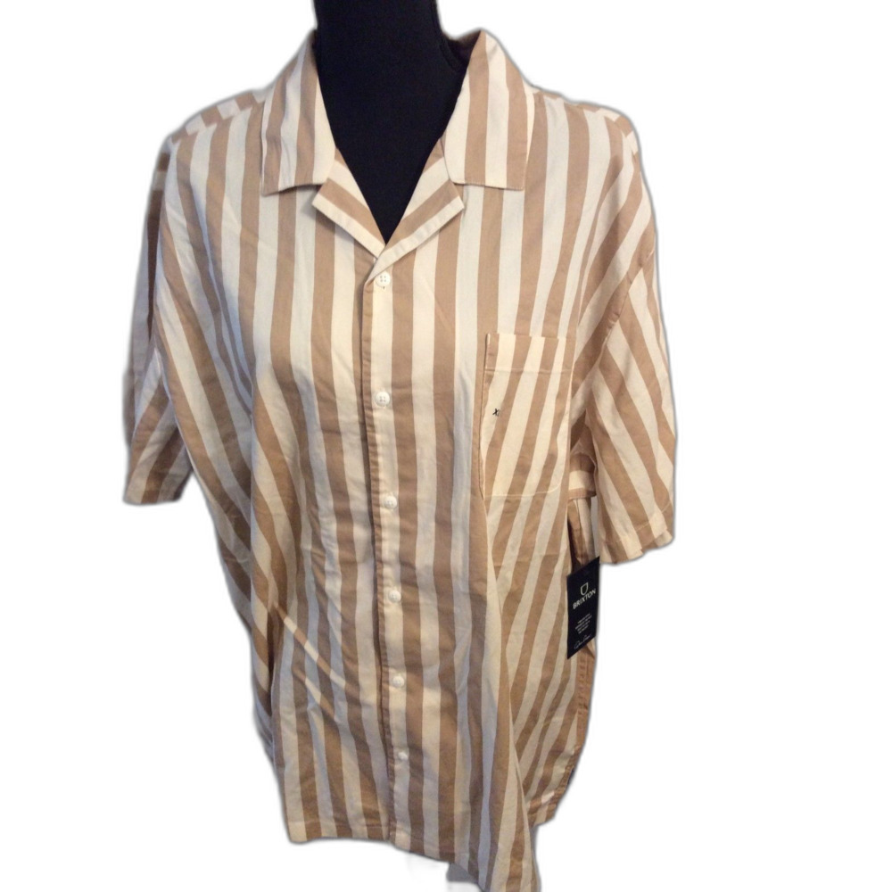 New NWT Brixton XL Tan Cream Button Up Men's Striped Short Sleeve Shirt